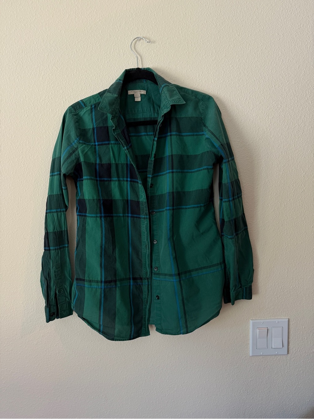 Authentic Burberry brit Green and Navy Plaid Button-Down Shirt